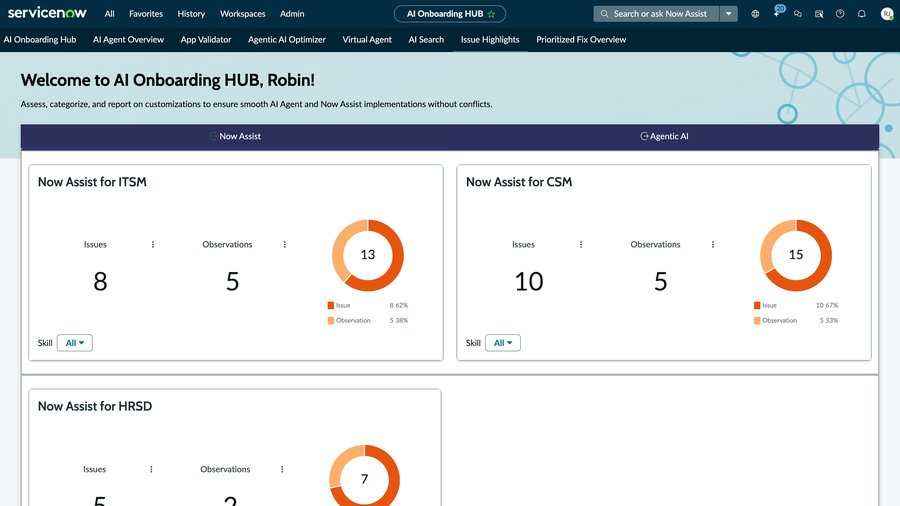 AI Onboarding Hub dashboard showing Now Assist issue highlights for ITSM, CSM, and HRSD