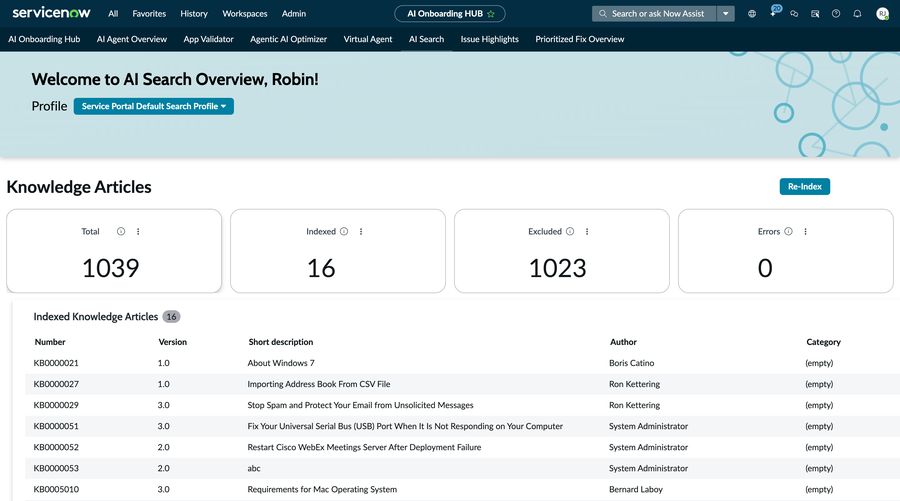 AI Search overview showing indexed knowledge articles, indexed, excluded, and errors counts